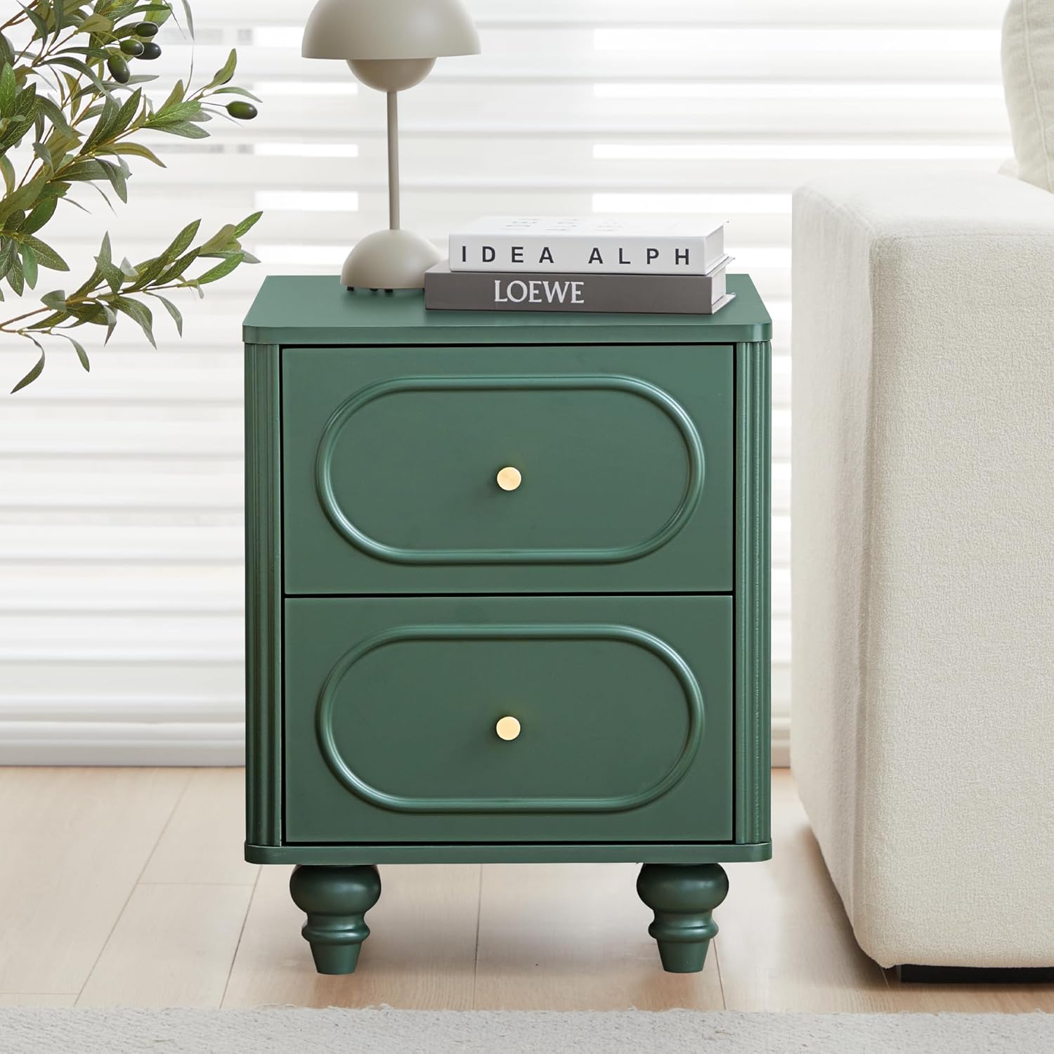 2 Drawer Fluted Nightstand Set of 2, Mid Century Modern Farmhouse Night Stand Small End Table Bedside Table for Bedroom, Green