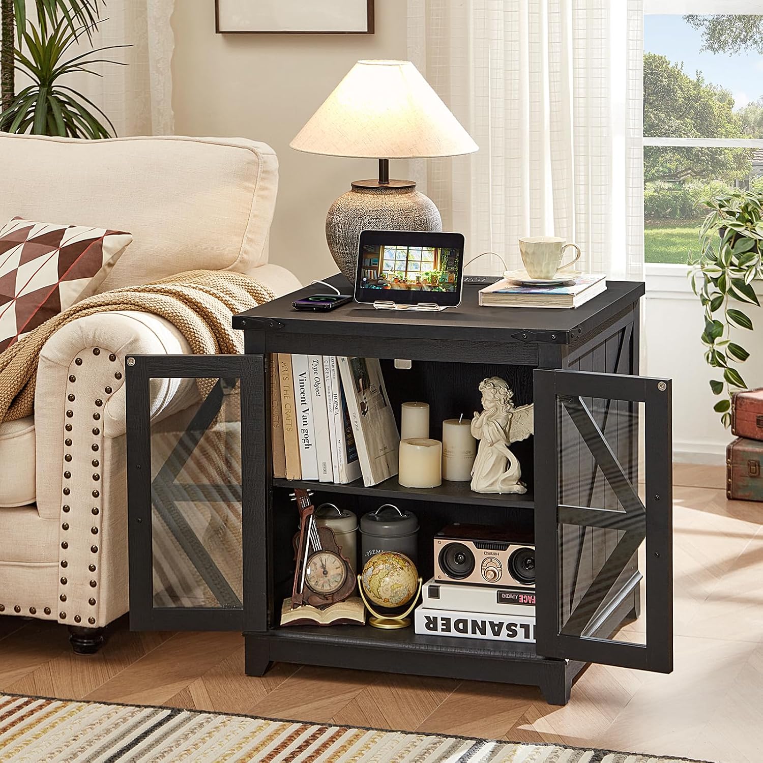 Joaxswe Farmhouse End Table Set 2, Narrow 18'' Night Stand with Glass Barn Door, 24' Square Side Table with Charger Station, Living Room Furniture Sets, Wood Nightstand Bedside Tables for Bedroom