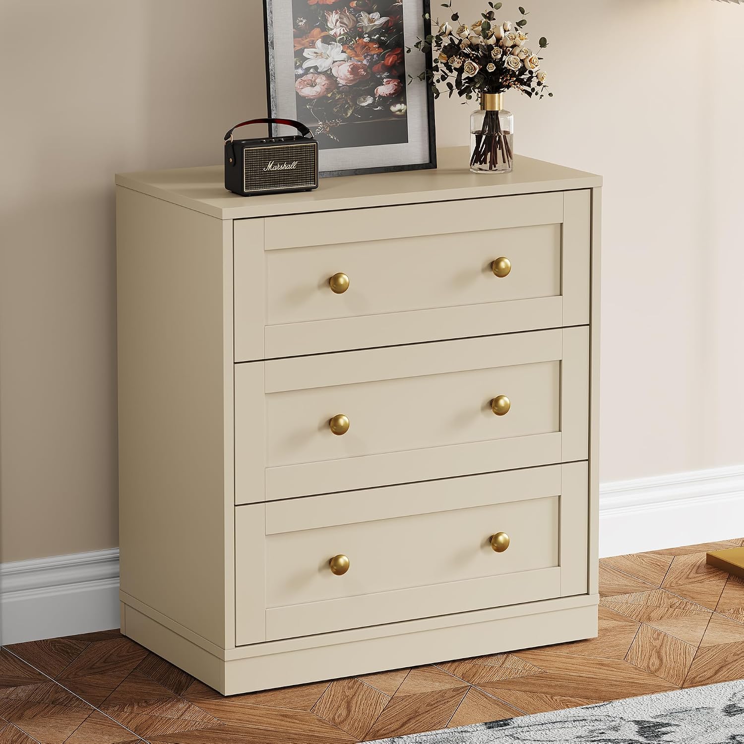 RoyalCraft Nightstand with 3 Drawers Storage, Large Wood Night Stand for Bedroom, Modern Bedside Table, End Table for Hallway, Closet, Beige