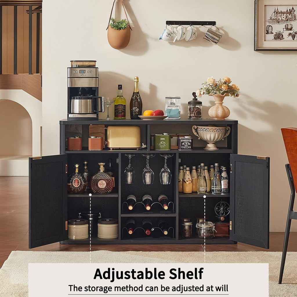 Lerliuo Rattan Wine Cabinet with 2 Doors, Boho Liquor Cabinet with Wine Racks, Farmhouse Coffee Bar Station for Living Room, Dining Room, Kitchen, Black