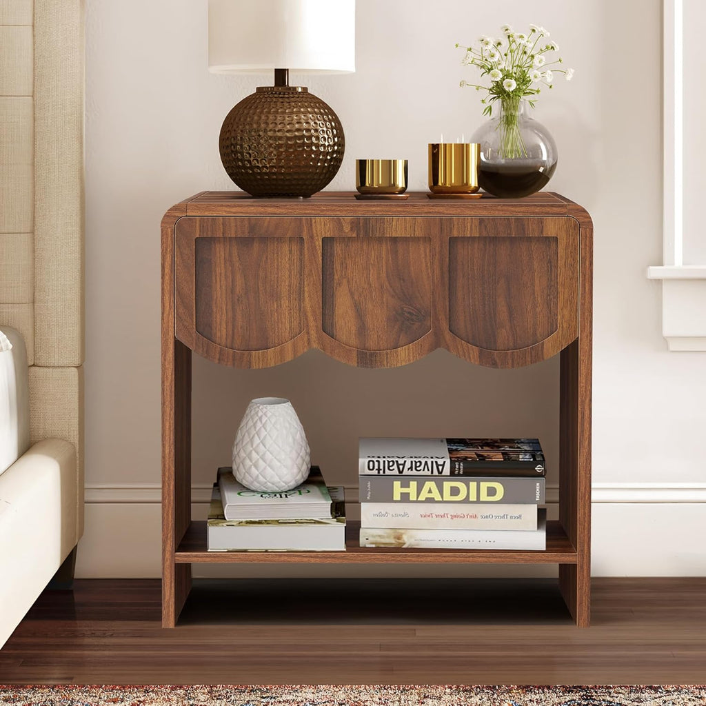 Small Night Stand Set of 2, Mid Century Modern Farmhouse Wood Nightstand with Wave Panel Drawer, Bed Side End Table for Small Space, Living Room - Walnut