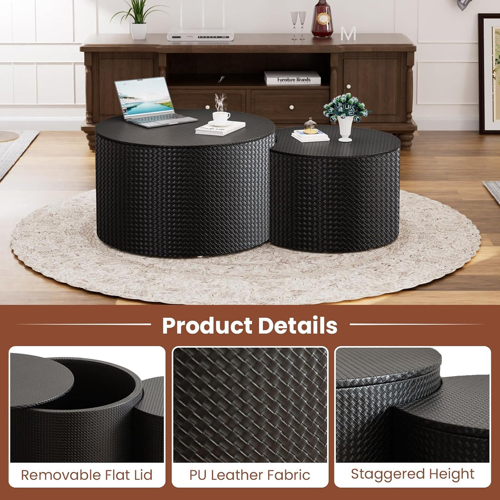 Round Nesting Coffee Table Set of 2 with Storage Modern Wood Coffee Table MDF Frame and Leather Surface Center Table End Side Table for Living Room Bedroom Office, No Assembling (Black)