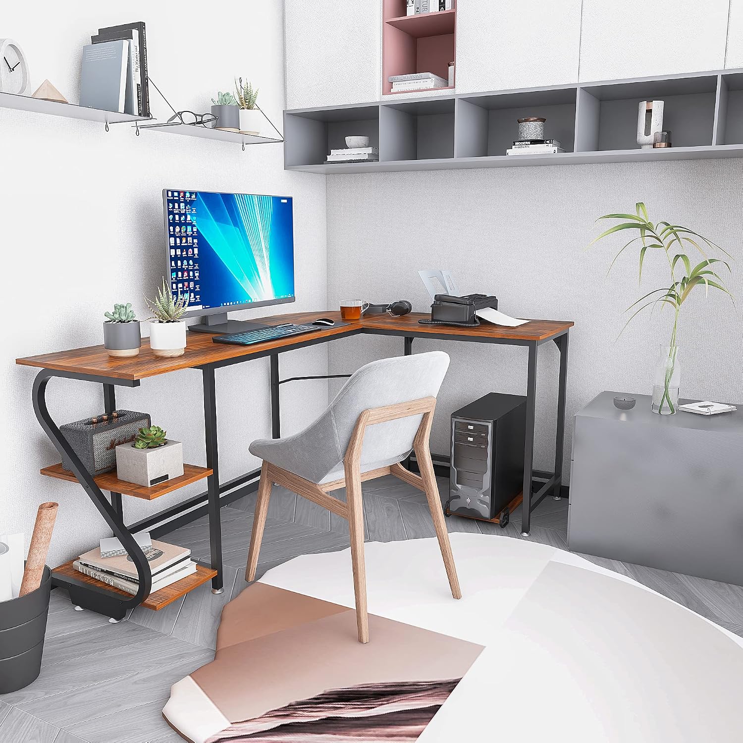 Weehom Reversible L Shaped Desk with Shelves Large Corner Computer Desk Gaming Desks for Home Office Writing Workstation Wooden Table,Rustic Brown