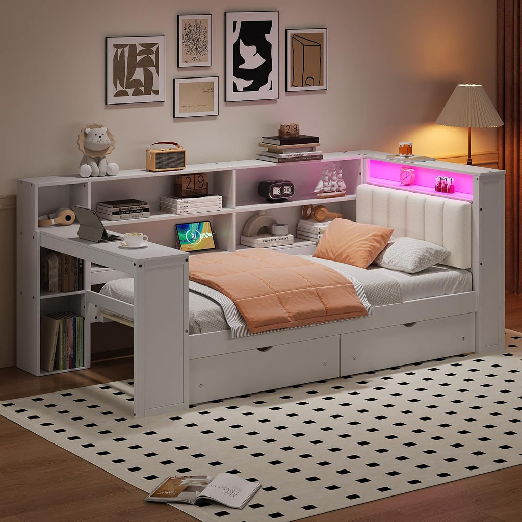 Bellemave Twin Corner Bed with Storage Shelves and Desk, Upholstered Headboard Daybed with Bookcase and Drawers，Daybed with Storage, White+Beige Cushion