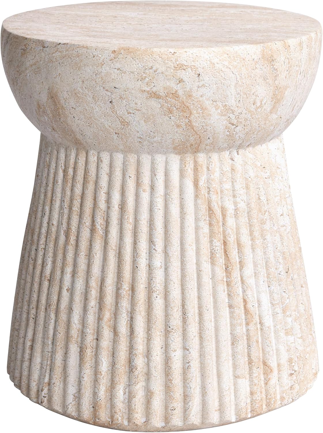 Empire Art Direct Fluted Travertine Stone Finish Italian Design MgO Side Accent Table, Living Room, Bedroom & Office, 14.6'x14.6'x17'