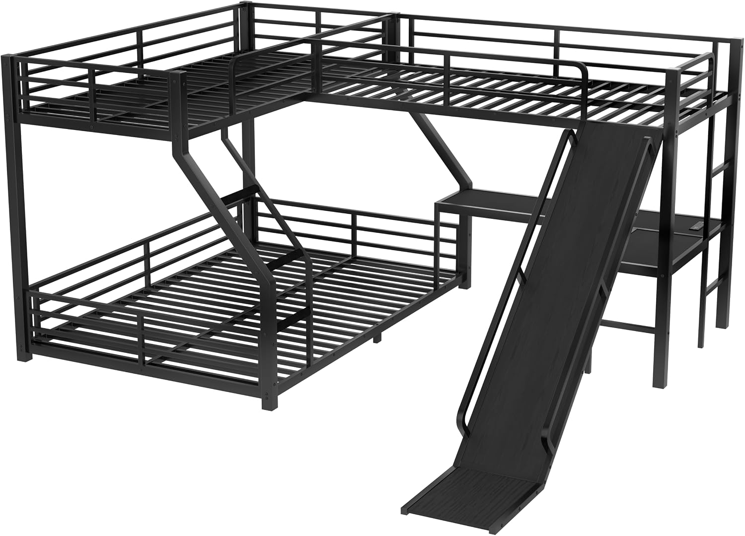 Bellemave Triple Bunk Beds, L-Shape Twin XL Over Queen Bunk Bed Attached a Loft Bed with Desk, Triple Bunk Bed with Slide and USB Ports, Metal Corner Bunkbed Frame for Three Boys Girls Teens, Black