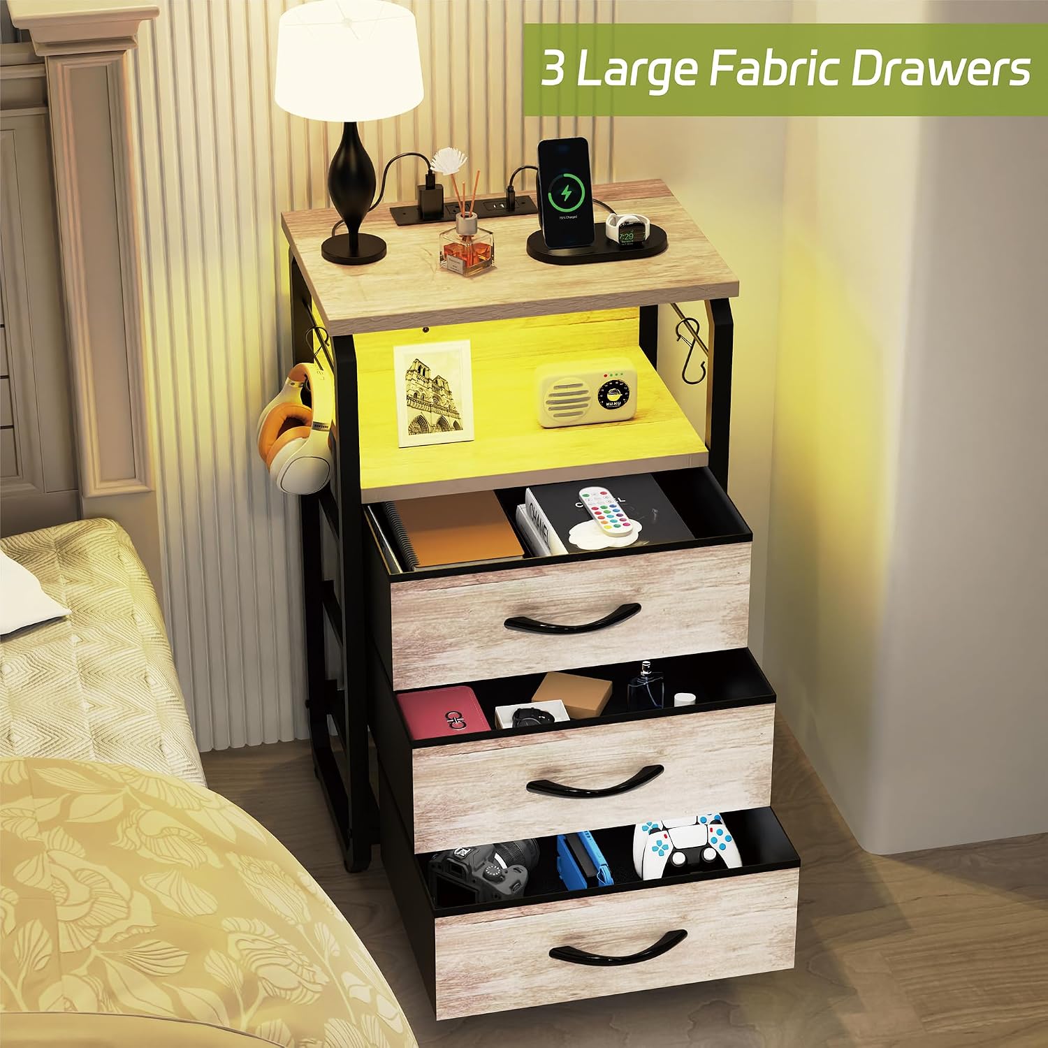 runjuly Night Stand Set 2 with LED Lights, Nightstands with Power Outlets and Type C Port, Large End Tables with 3 Fabric Drawers, Matching Bedside Table with Storage for Bedroom Teen Room, Greige