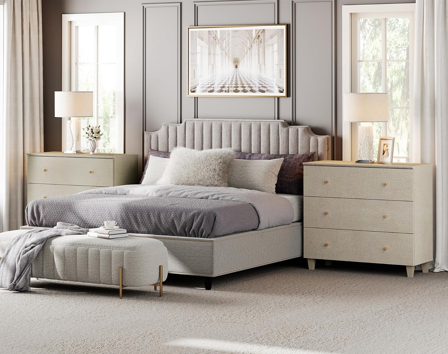 WAMPAT Large Nightstand with 3 Drawers for Bedroom Set of 2, Modern Wood Bedside Chest Dressers, Wide Night Stands Sofa Side End Tables for Living Room, Beige Linen Textured Printed, 35 Inches