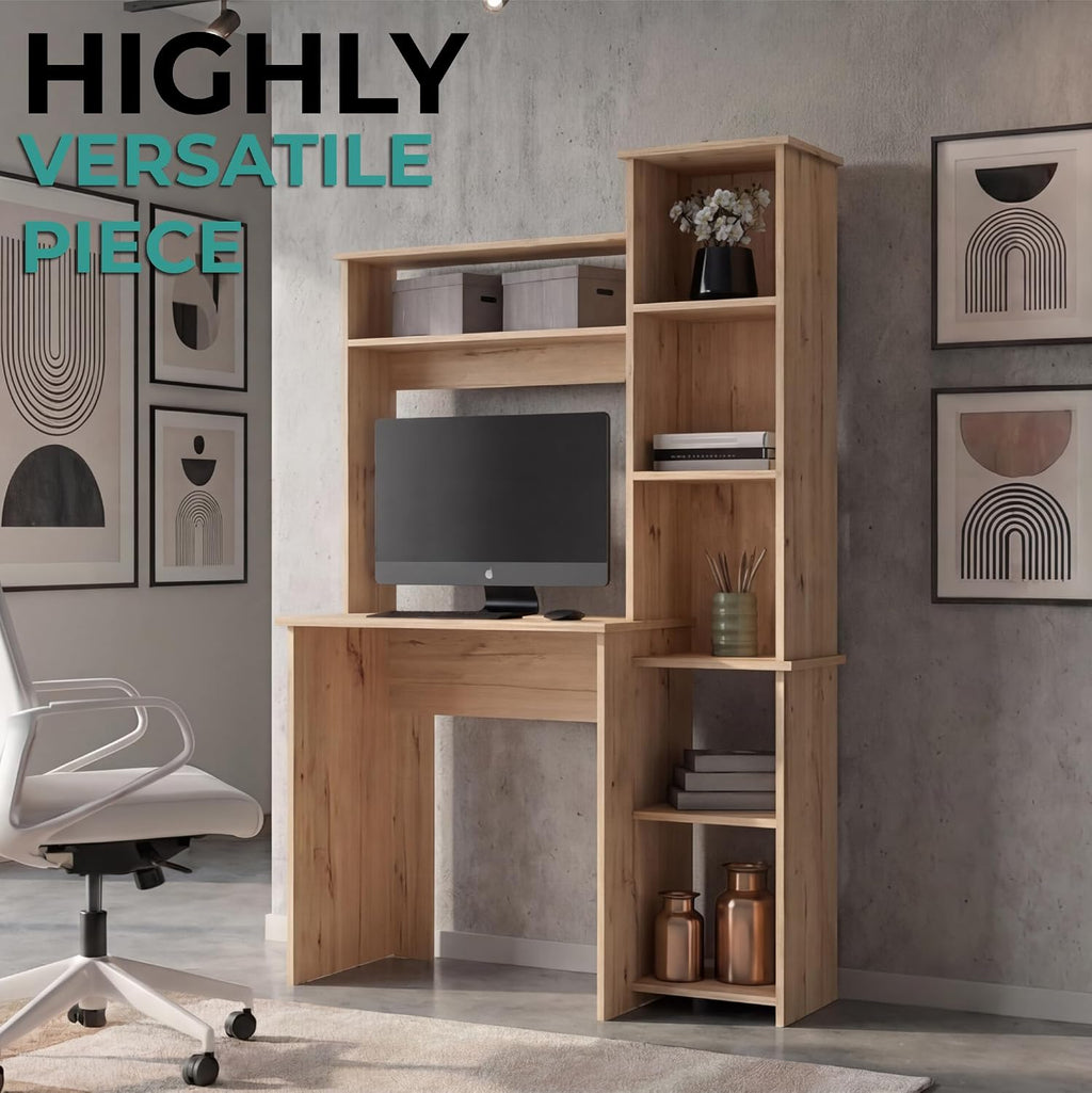 Tuhome Versalles Writing Desk with Two Superior Shelves, Five Side Open Storage Compartments, Space-Saving Modern Workstation Design for Studios and Offices, Ideal for Organization, Books