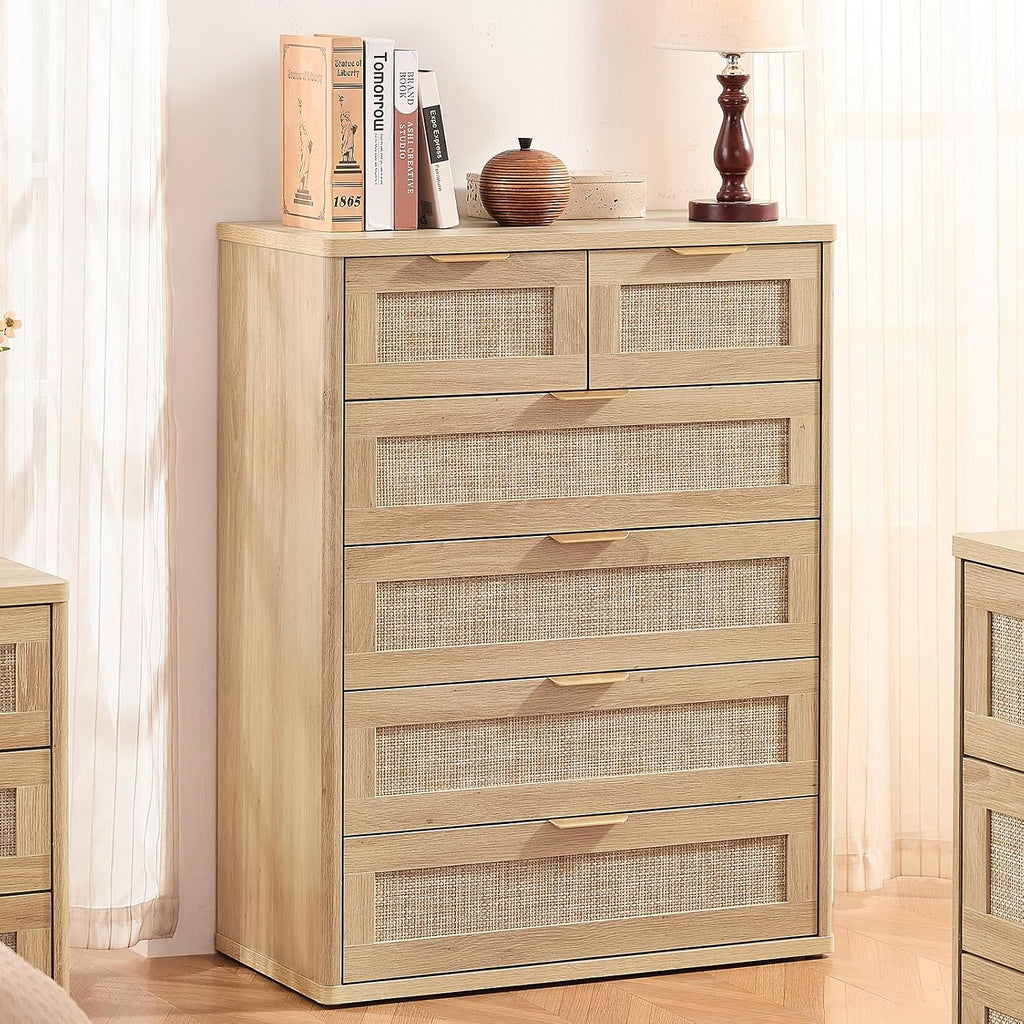LEYAOYAO Rattan Dresser for Bedroom Set of 2, 41' Tall Chest of Drawers, Modern 6 Drawers Boho Dressers with Storage, Light Oak Dresser Wooden Closet Organizer for Living Room, Hallway, Natural Wood