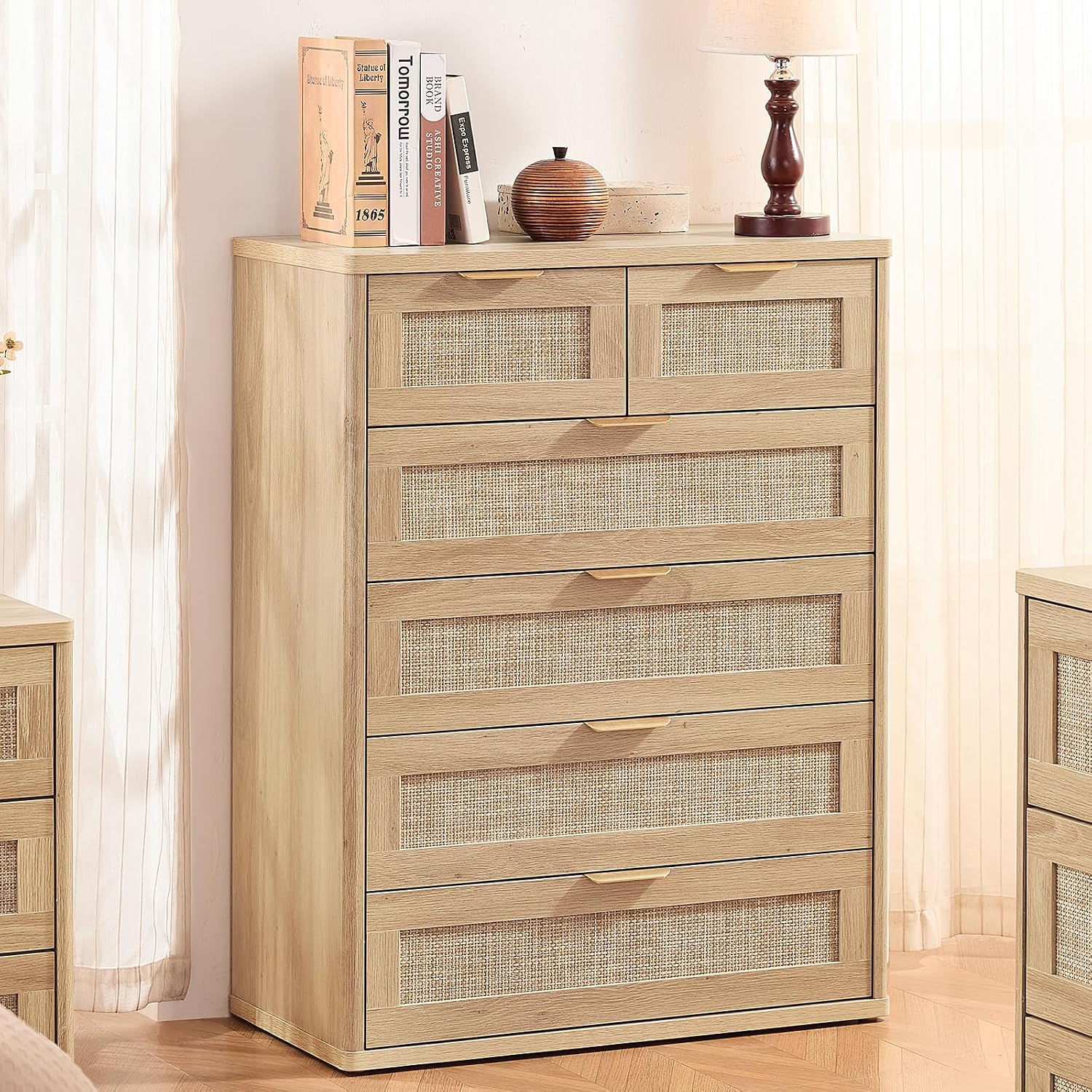 LEYAOYAO Rattan Dresser for Bedroom Set of 2, 41' Tall Chest of Drawers, Modern 6 Drawers Boho Dressers with Storage, Light Oak Dresser Wooden Closet Organizer for Living Room, Hallway, Natural Wood