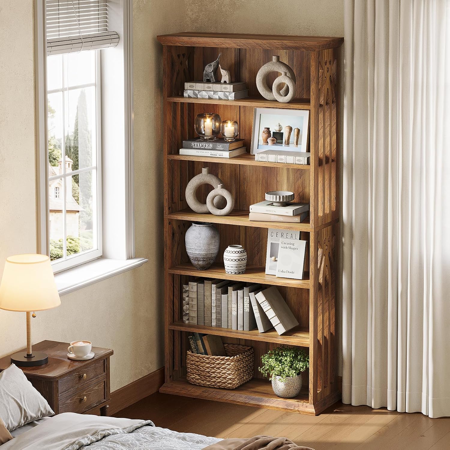 LITTLE TREE 6-Tier Bookcase, 75-Inch Farmhouse Bookshelves and Bookcases, Floor Standing 6 Shelf Wooden Display Storage Shelves Tall Bookcase for Home Office, Living Room, Bed Room, Brown