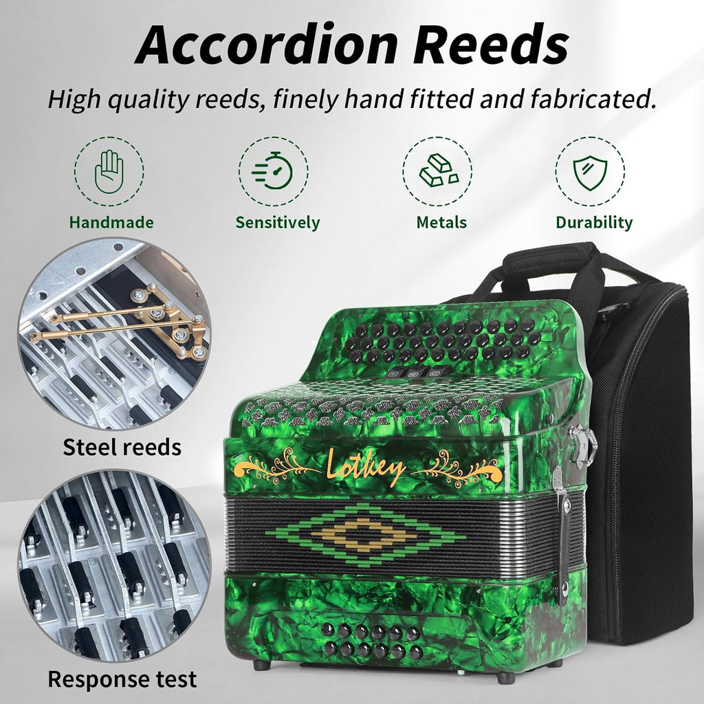 Lotkey 34 Key Diatonic Accordion, 3412 Multi Tone Celluloid Accordions Louder Clearer Timbre than Plastic for Adult, Beginner, Professional with Updated Bag, Straps, Acordeón Wrist Guard (GCF Green)