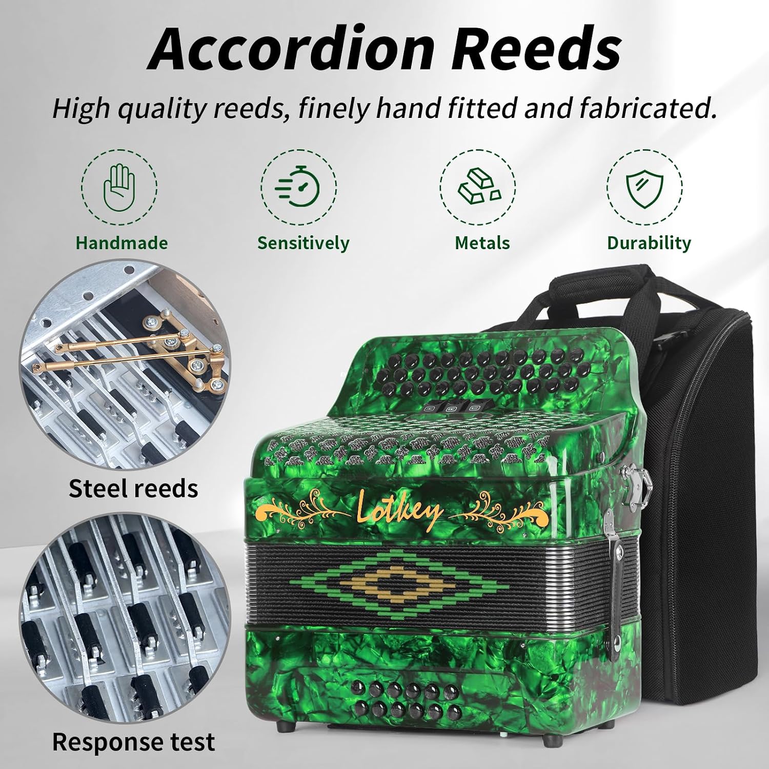 Lotkey 34 Key Diatonic Accordion, 3412 Multi Tone Celluloid Accordions Louder Clearer Timbre than Plastic for Adult, Beginner, Professional with Updated Bag, Straps, Acordeón Wrist Guard (GCF Green)