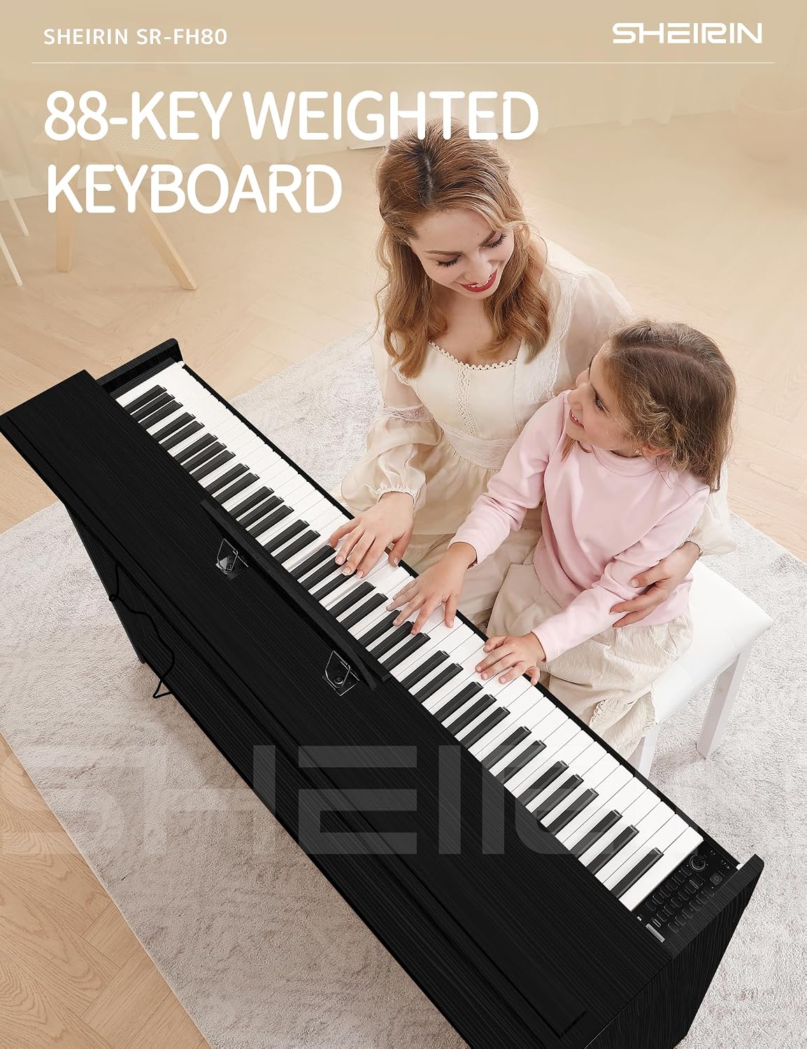 Digital Piano Hammer Action Keyboard 88 Keys Upright Acoustic Electric Weighted Piano Beginner MIDI Cover Full Size Sustain Pedal Stand Real Professional SR-FH80 (Black Full Cover)