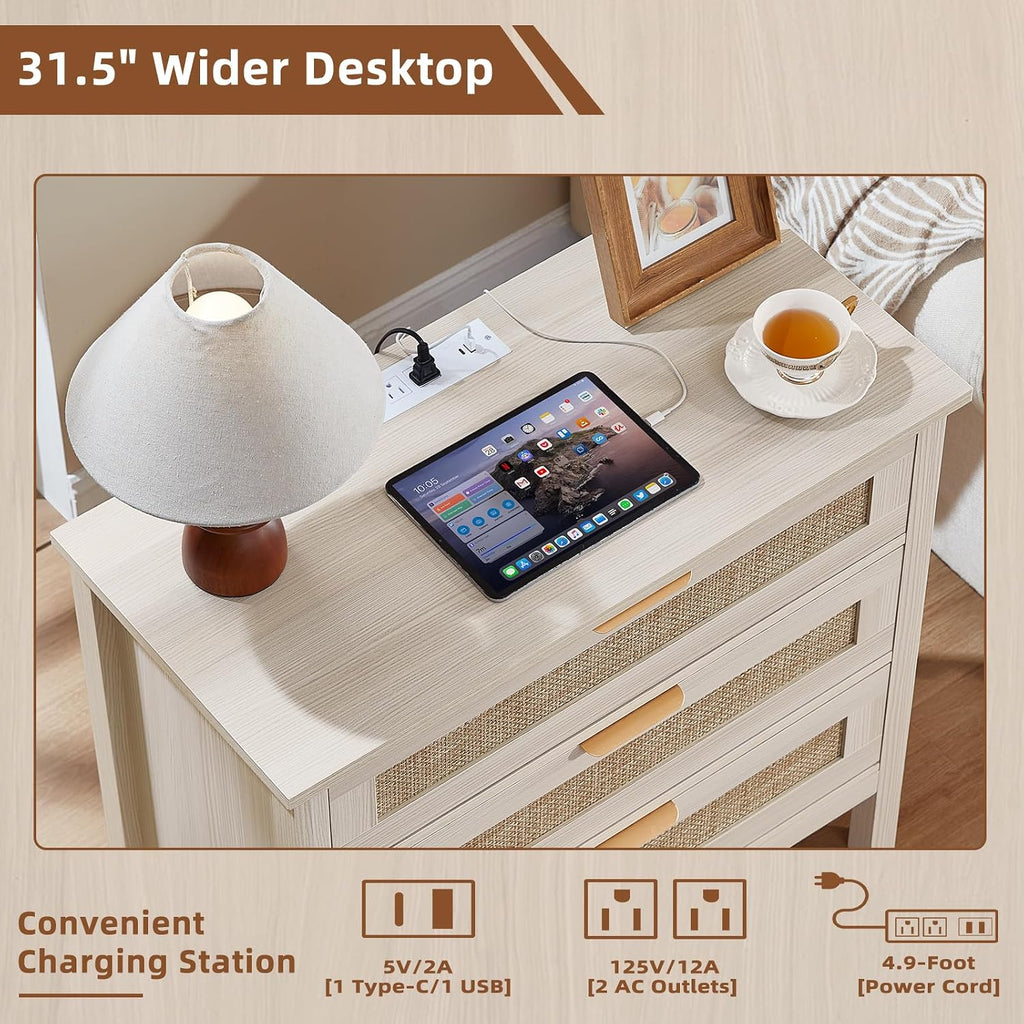 LEYAOYAO 31.5' Wide Rattan Nightstands Set of 2 with Charger Station, Large Boho 3 Drawer Night Stand, Grey White Bedside Table with Storage, Bed Side End Tables for Bedroom, Living Room, Hallway