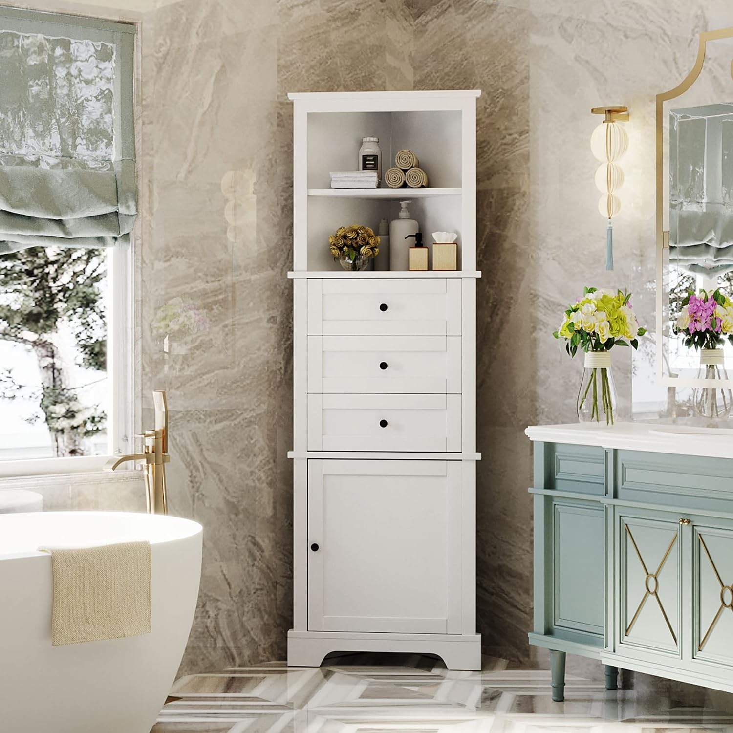Corner Storage Cabinet with Adjustable Shelves, 68.9 in Tall | MDF, painted finish, adjustable shelves, corner fit, enclosed storage, bathroom, kitchen, 23 W x 13.4 D x 68.9 H in