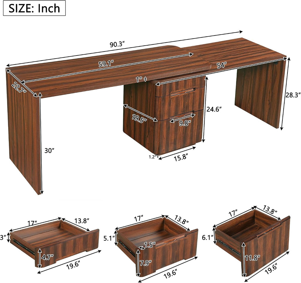 Merax Home Office Desk L Shaped with 3 Drawers,Wooden Rotating Desk | 90' Large Executive Office Workstation,Corner Work Table for Study Writing,Natural Wood