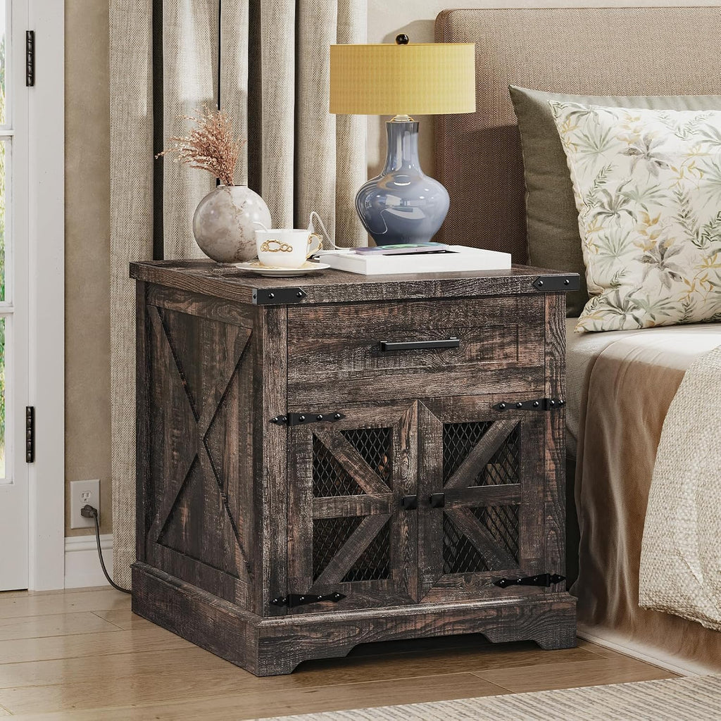 RALGEND Farmhouse End Table Set of 2, 24' Large Sofa Side Table with Drawer, Large End Table for Living Room, Wooden Nightstand with Charging Station, Square, Dark Rustic Oak