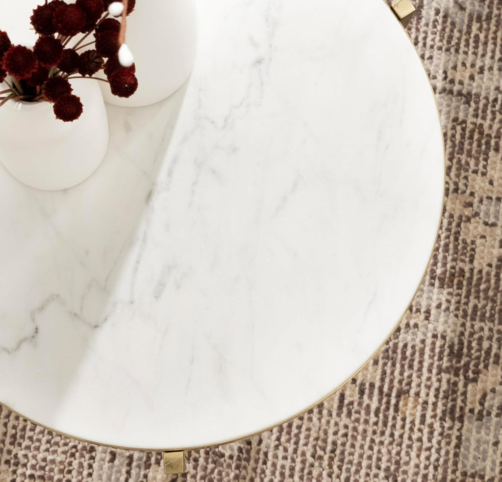 Kate and Laurel Aguilar Modern Round Side Table, 15 x 15 x 24, White and Gold, Genuine Marble Nightstand for Small Spaces and Living Room Decor