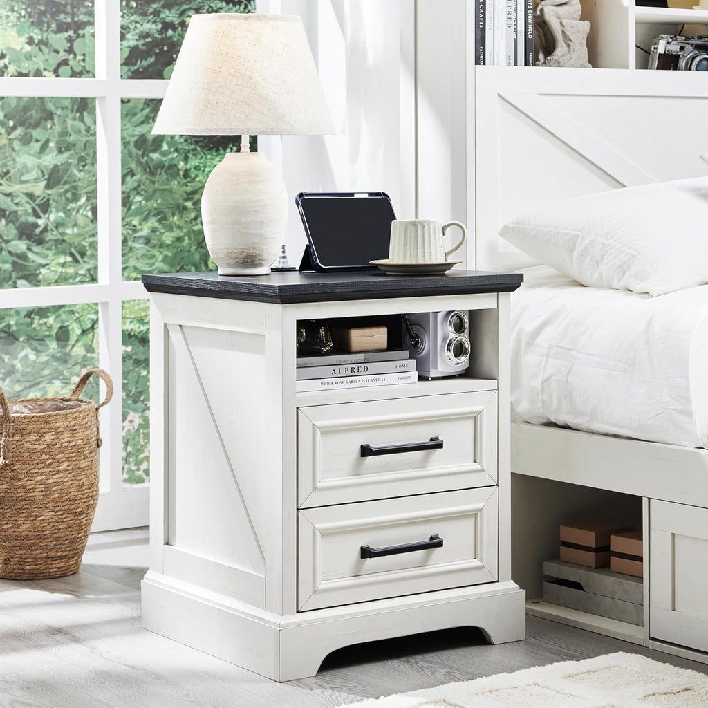 ACCOHOHO 18' Farmhouse Nightstand with Charging Station,End Table with 2 Drawers Storage,Side Table,Bedside Cabinet for Bedroom,Living Room,Antique White | for Bedroom, Living Room
