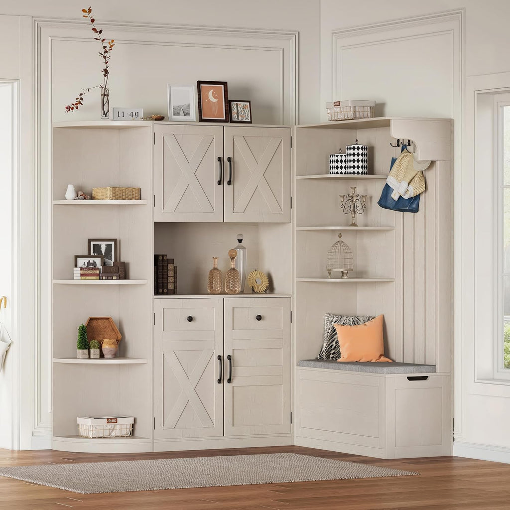 Multifunctional Hall Tree with Shoe Bench & Storage Cabinet,2-in-1 Left-Right L-Shaped Corner Entryway Cabinets with Coat Rack & Open Shelves,Modern Storage Organizer for,Living Room (Beige)