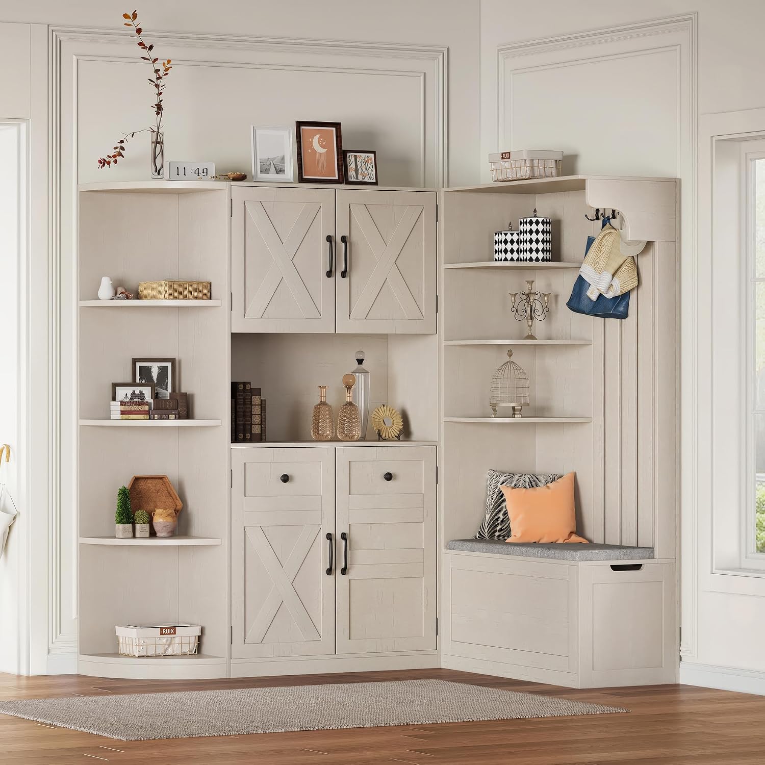 Multifunctional Hall Tree with Shoe Bench & Storage Cabinet,2-in-1 Left-Right L-Shaped Corner Entryway Cabinets with Coat Rack & Open Shelves,Modern Storage Organizer for,Living Room (Beige)