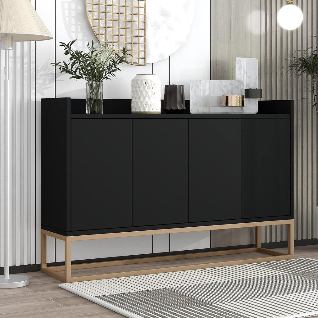 Sideboard Buffet Cabinet with Large Storage Space,Modern Particle Board Kitchen Console Table,W/ 4 Doors and Gold Metal Legs,Dining Room,Entryway,Black