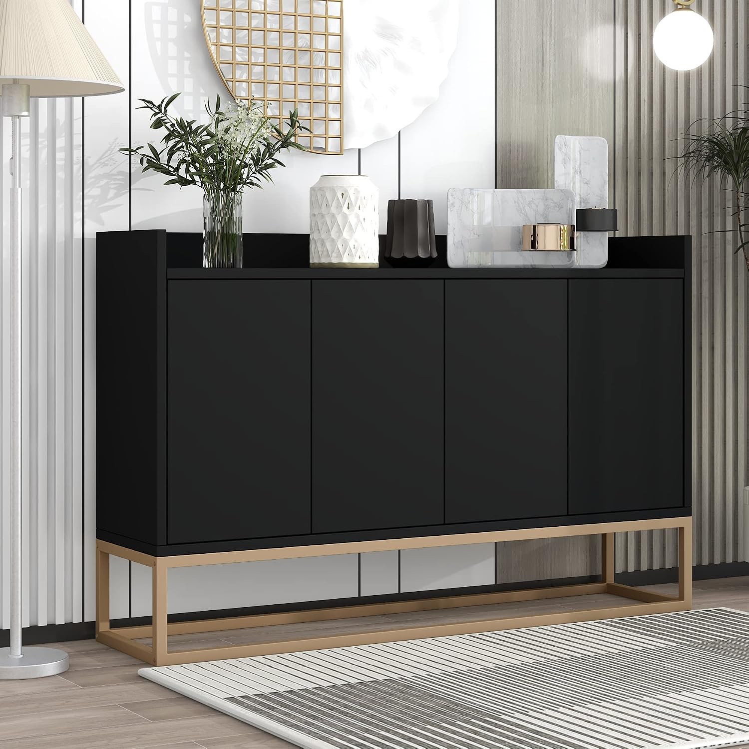 Sideboard Buffet Cabinet with Large Storage Space,Modern Particle Board Kitchen Console Table,W/ 4 Doors and Gold Metal Legs,Dining Room,Entryway,Black
