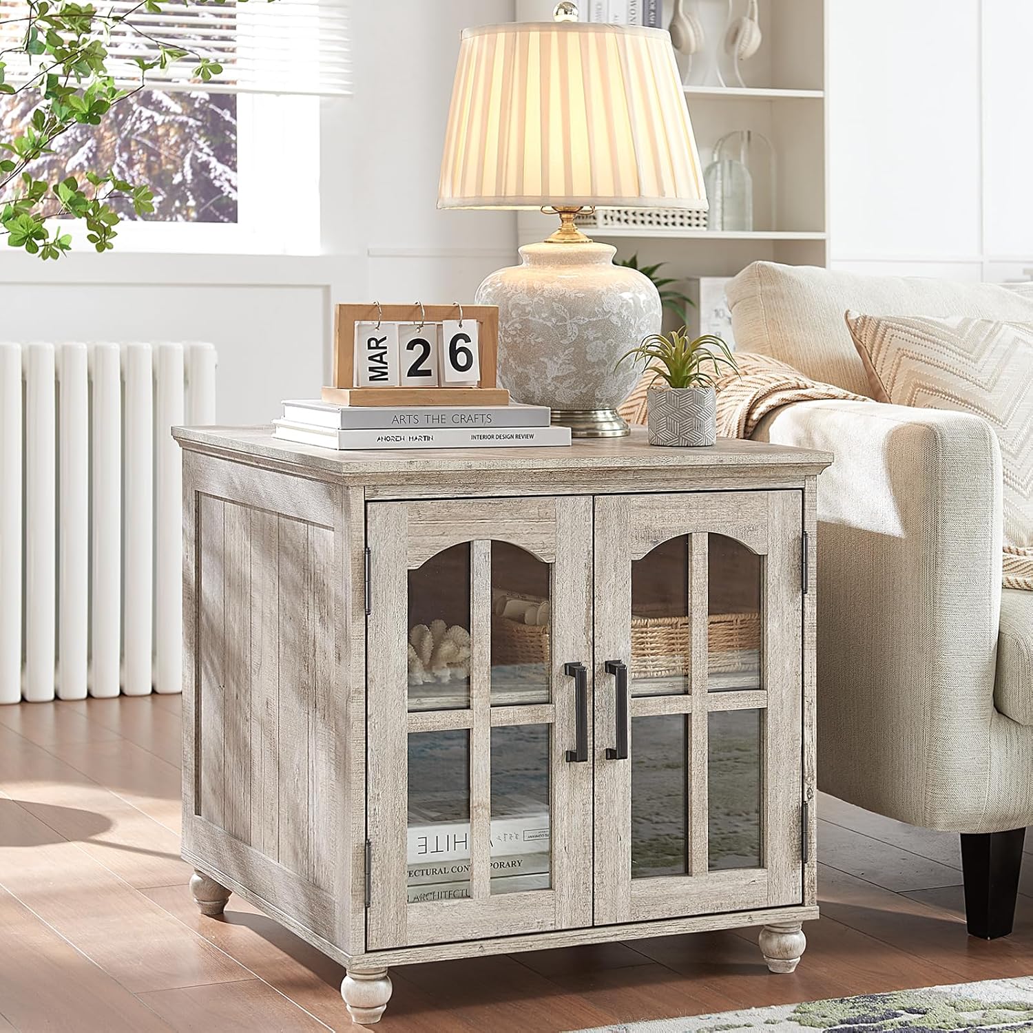 RWYHG Farmhouse End Table Set of 2 with Charging Station, 18'' Narrow Side Table and 24' Large Sofa Table with Glass Barn Door Storage, Wood Night Stand Bedside Cabinet for Living Room,Bedroom