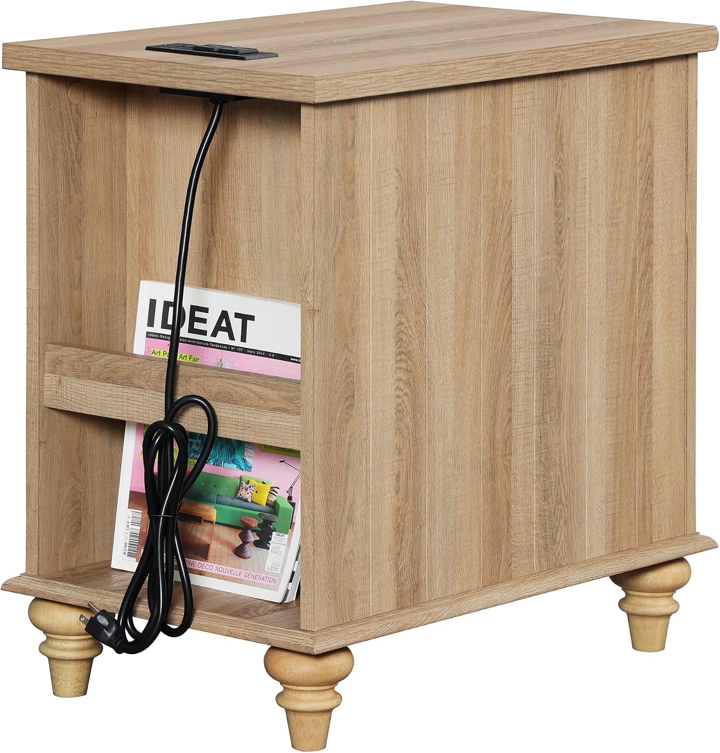 WAMPAT Tall Side Table with Charging Station, Rattan Night Stand with Drawer & Cabinet, Narrow Wooden End Table with Power Outlets & USB Ports for Living Room, Bedroom, Oak