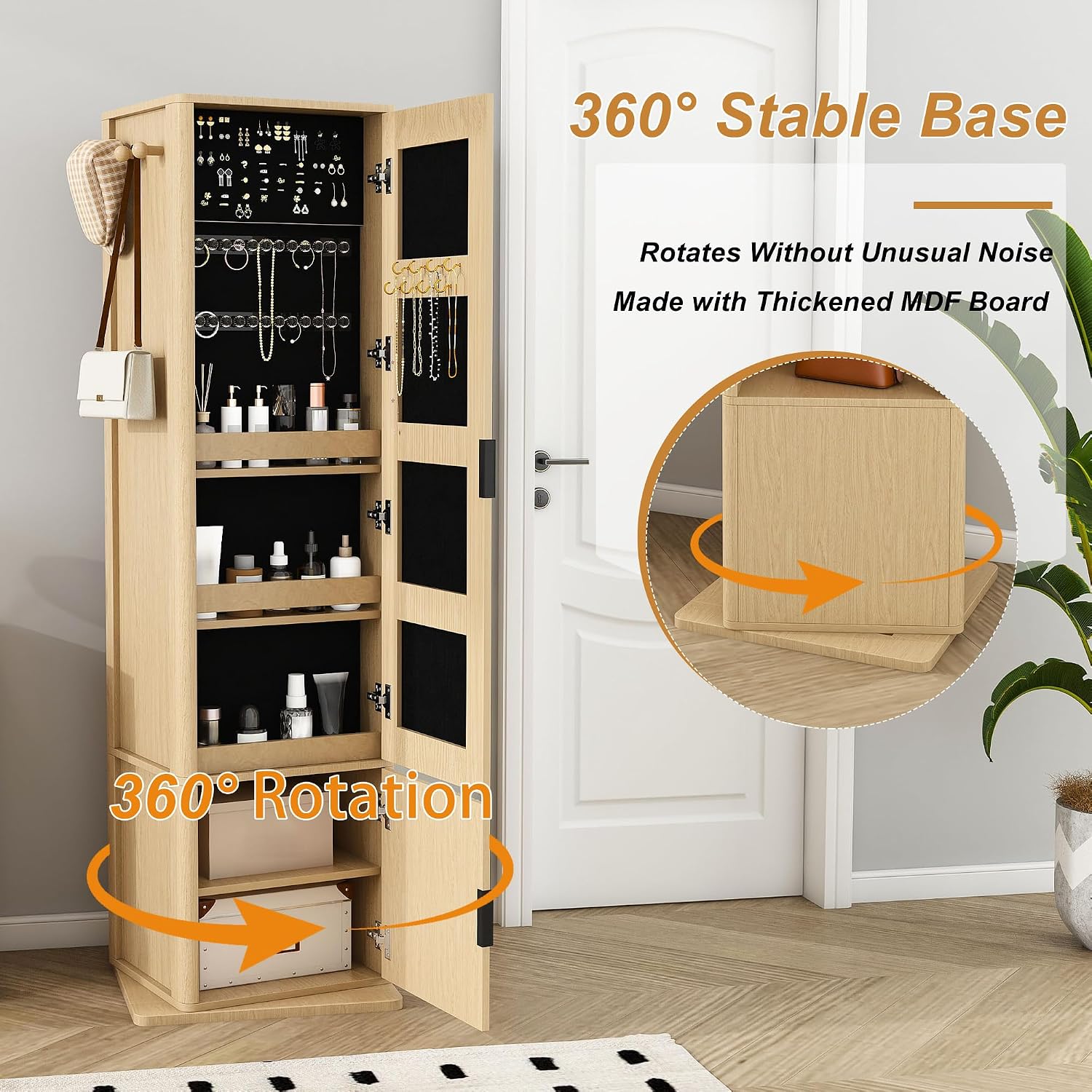 360° Rotating Makeup Cabinet Walnut, Jewelry Cabinet with Full-Length Mirror, Standing Storage Cabinet with Coat Rack, 4 Open & 2 Built-in Shelves for Bedroom Bathroom
