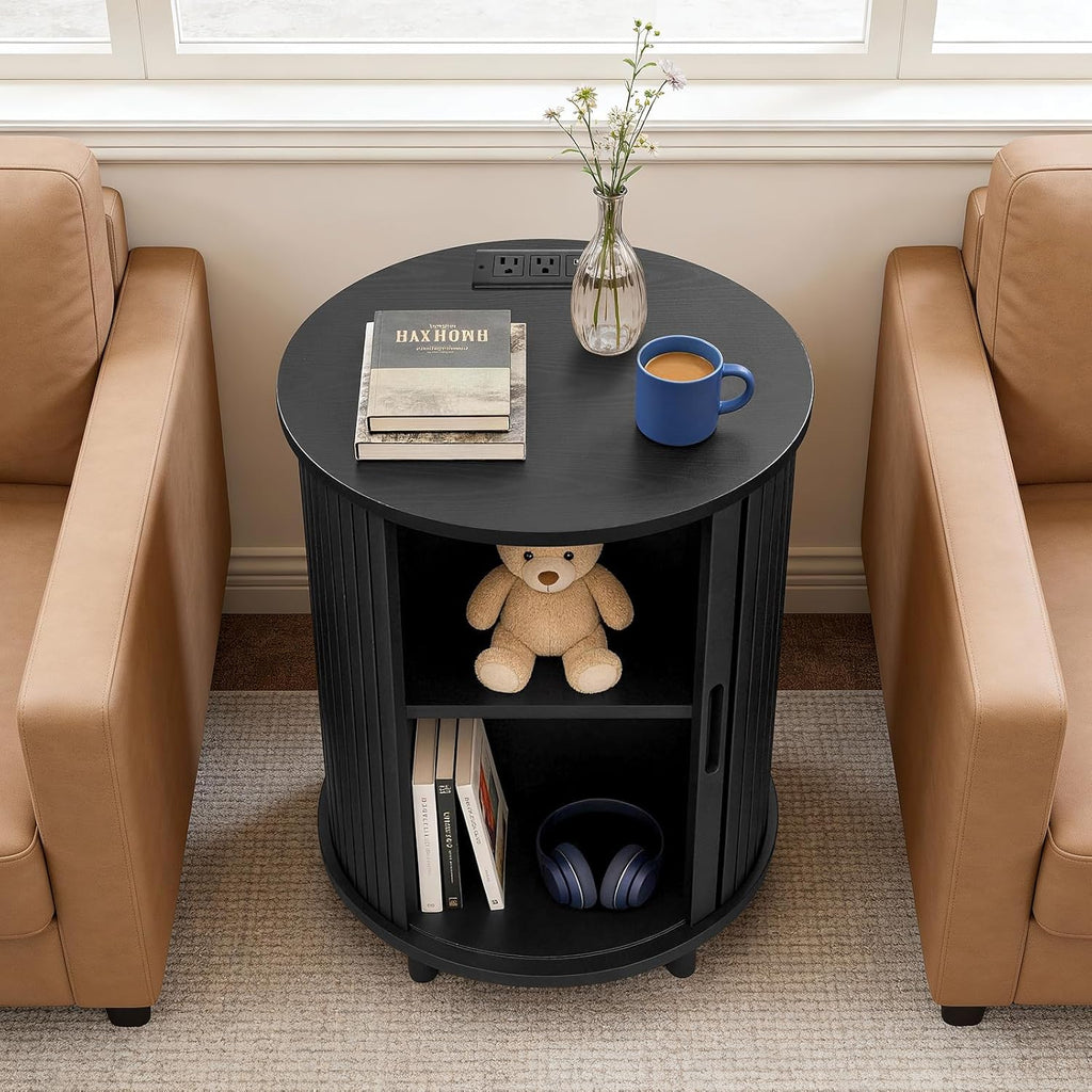 DHH End Table Set of 2 with Storage & Charging Station, Fluted Accent Side Table with Sliding Door & Adjustable Shelf, Mid-Century Nightstand for Small Spaces, Living Room, Bedroom(2, Black)