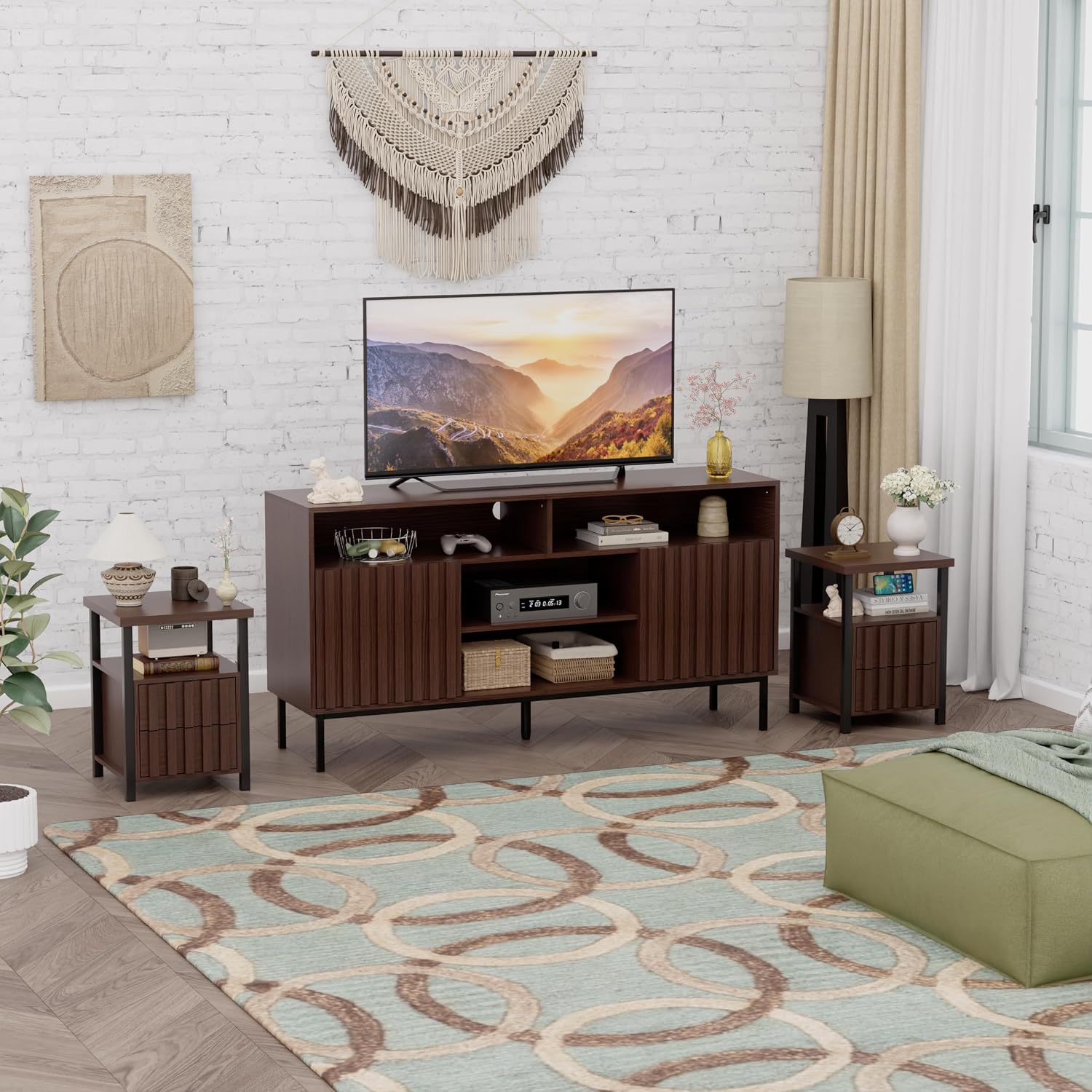 UEV Mid Century Modern 3-Piece Living Room Set, Walnut TV Stand Cabinet and 2 End Tables Set, Nightstand Set of 2, Wood Fluted TV Stand Sofa Side Table with 2 Drawers and Open Shelf for Living Room