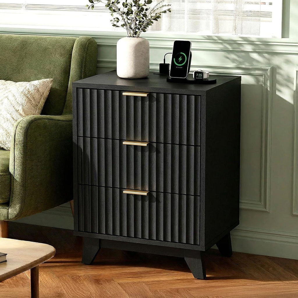 VINGLI Black Fluted Nightstands Set of 2 with Charging Station,3 Drawer Black Wood Nightstand for Bedroom, Modern Night Stand with Drawers, Fluted Bedside Table/End Table/Side Table, 2 pcs