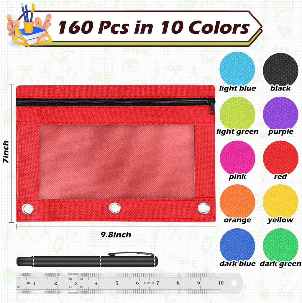Pencil Pouch for 3 Ring Binder, 160 Piece Bulk 3 Holes Zipper Pencil Pouches in 10 Assorted Colors, Clear Durable Pencil Case for School, Classroom, Office Supplies