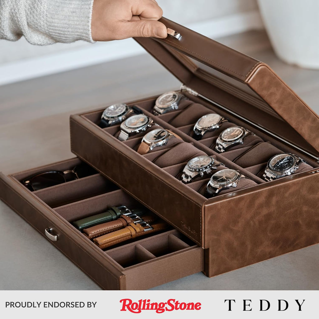 TAWBURY Watch Box for Men - 12 Slot Watch Case with Storage Drawer, Real Glass Display and 2-inch Wide Pillows for Large Watches (Brown)