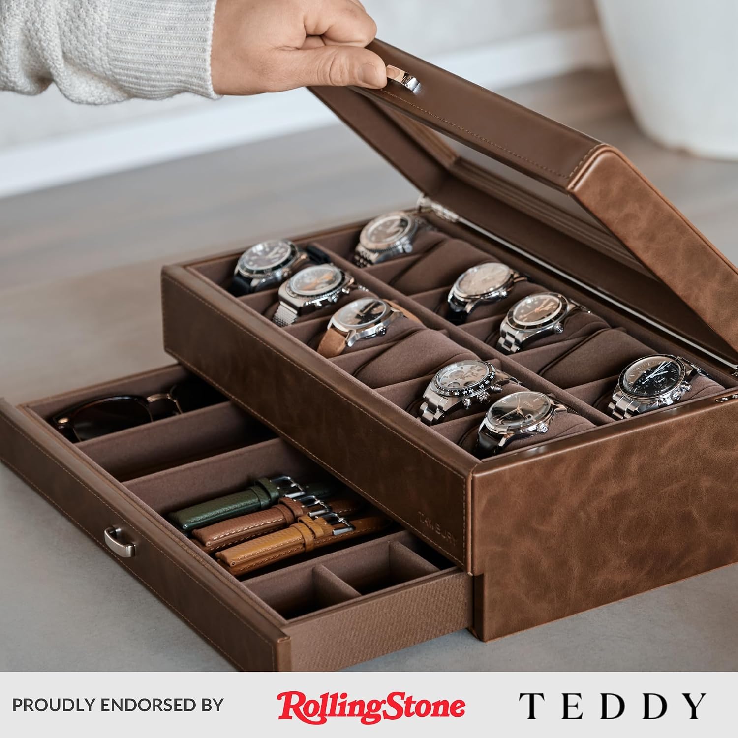 TAWBURY Watch Box for Men - 12 Slot Watch Case with Storage Drawer, Real Glass Display and 2-inch Wide Pillows for Large Watches (Brown)