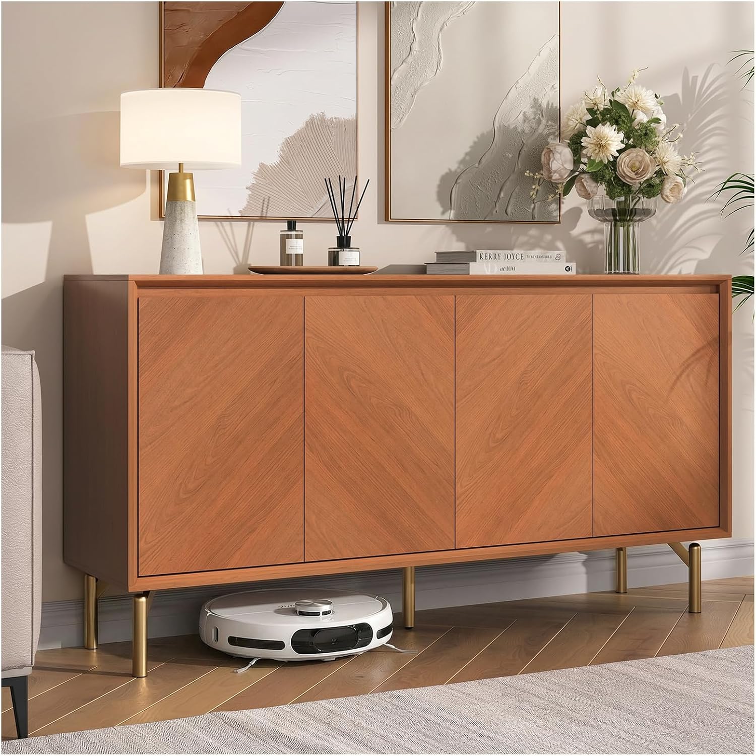 JOINICE Storage Cabinet, 59' Sideboard Buffet Cabinet with 4 Doors, Mid-Century Modern Wood Accent Cabinet, Chevron Pattern Credenza for Dining Room, Living Room, Entryway, Brown