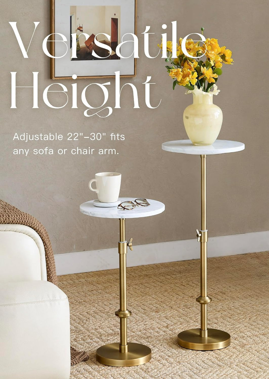 Adjustable-Height Marble Drink Table - 12x12x22-30, White Marble & Antique Brass, Modern Round End Table, Side Table with Pedestal Stand for Small Spaces, Vintage Metal Martini Cocktail Accent