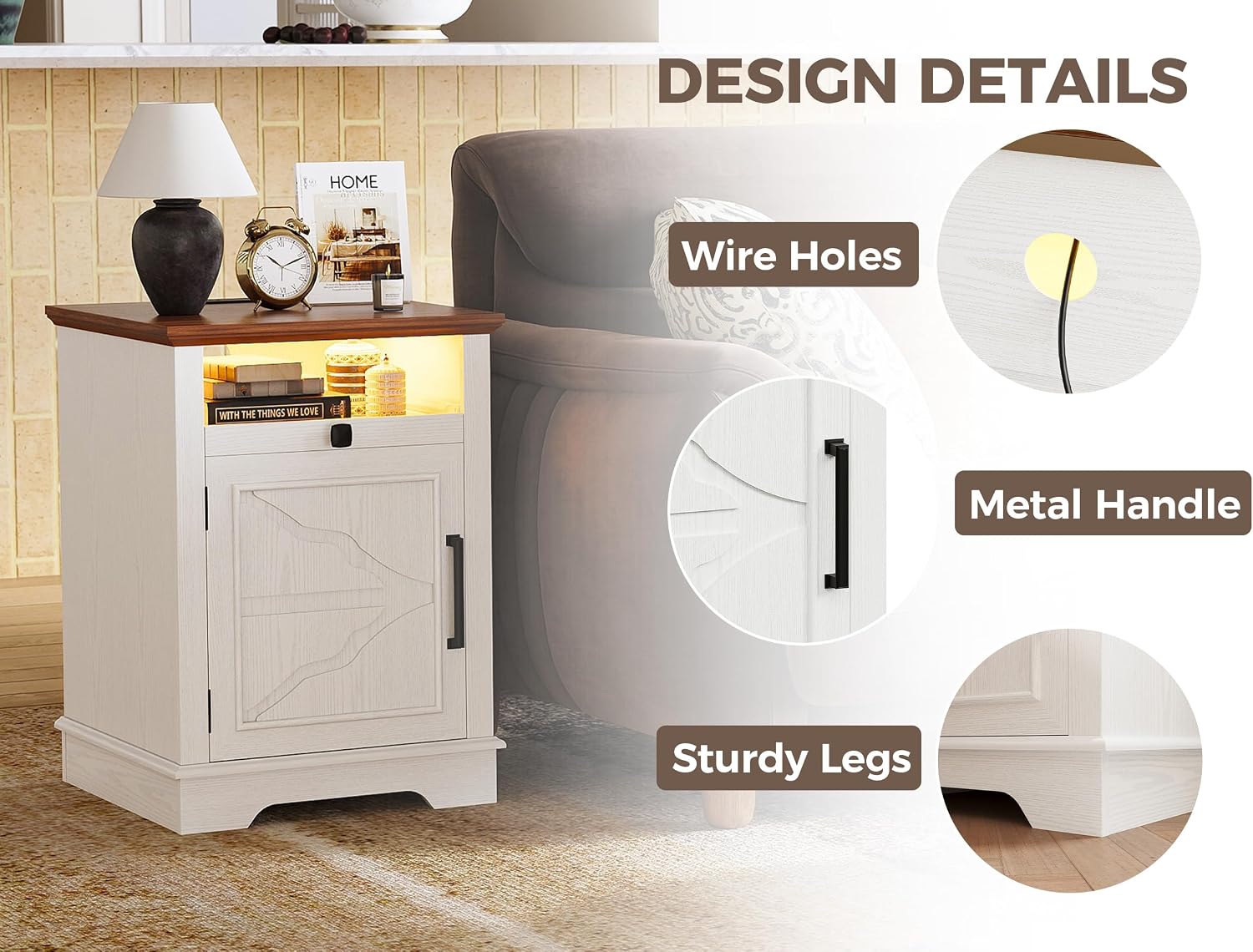 IRONCK Farmhouse End Table Set of 2, Nightstand with Charging Station and App Controlled LED, End Table with Storage for Bedroom Living Room,White