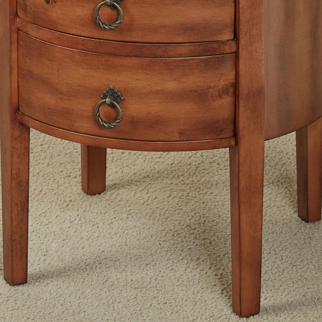 Louis Round Side Cabinet | Regal Walnut Finished Wooden Furnishing | Two Storage Drawers, Open Display Area Shelf, & Clear Glass Tabletop | Circle Wood End Table Furniture | No Assembly Is Required