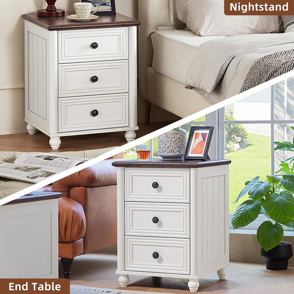 RWYHG 18' Farmhouse Night Stand Set of 2, White Wood Nightstand with 3 Drawers, Bedside End Table with Storage and Roman Column, Bed Side Tables Cabinet for Bedroom, Living Room, and Closet