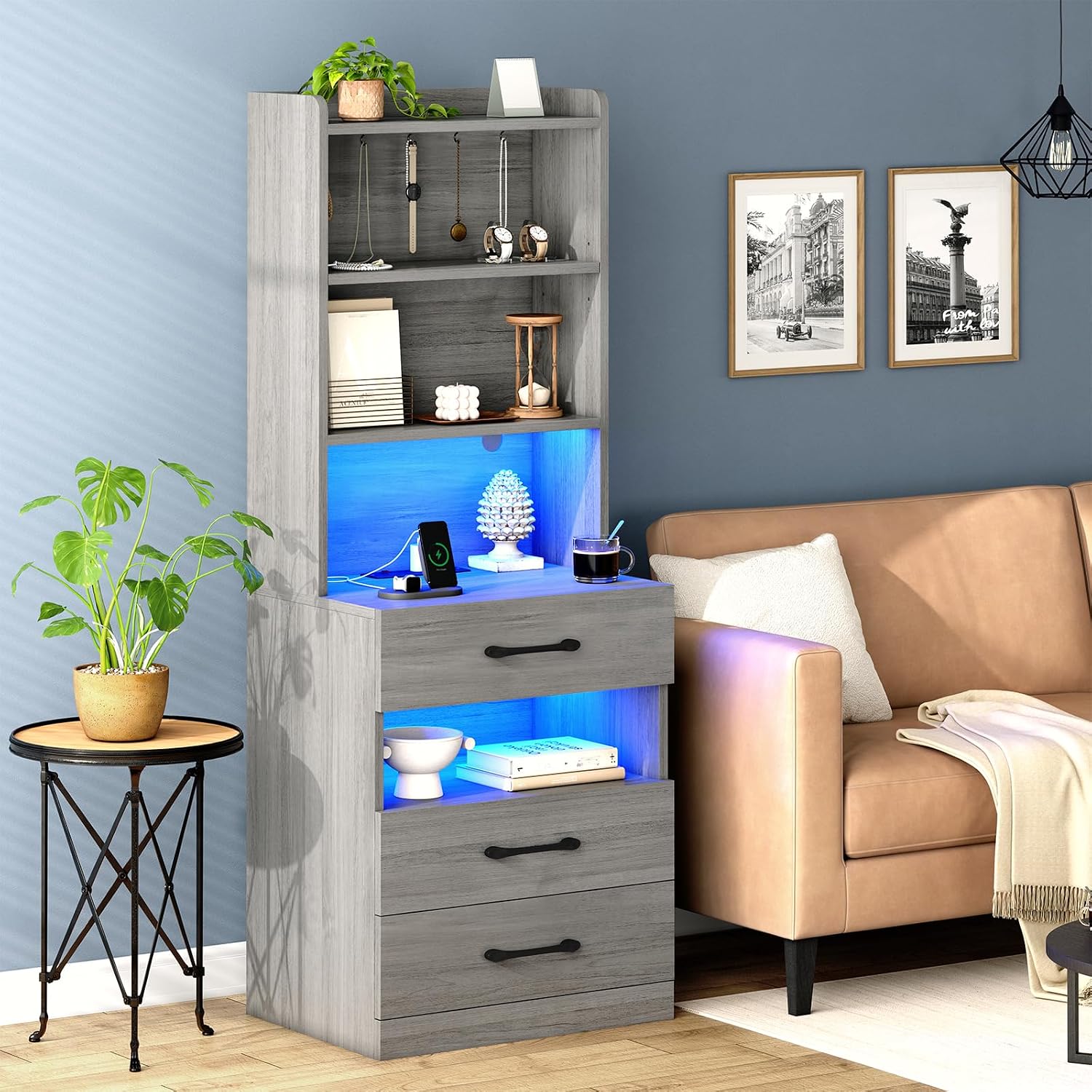 AOGLLATI Tall Night Stand Set of 2 with Charging Station and LED Lights, Grey Nightstand with 3 Drawers and Adjustable Shelves, Modern Bedside Table with Bookshelf for Bedroom