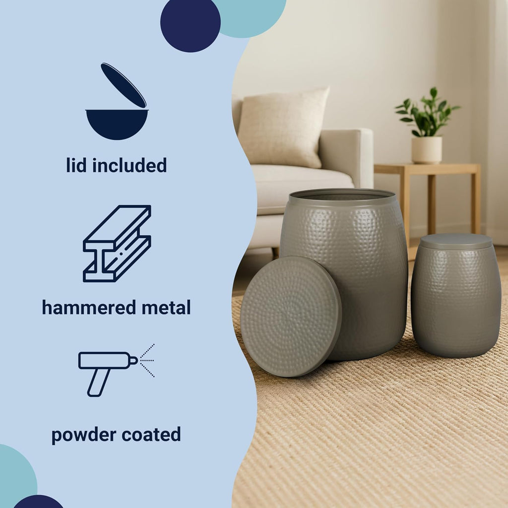 happimess SSL2002D-2SET Merida Modern Rustic 2-Piece Hammered Metal Drum Storage Side Tables with Lids, End Table for Decoration in Living Room, Bedroom, Bathroom, Almond