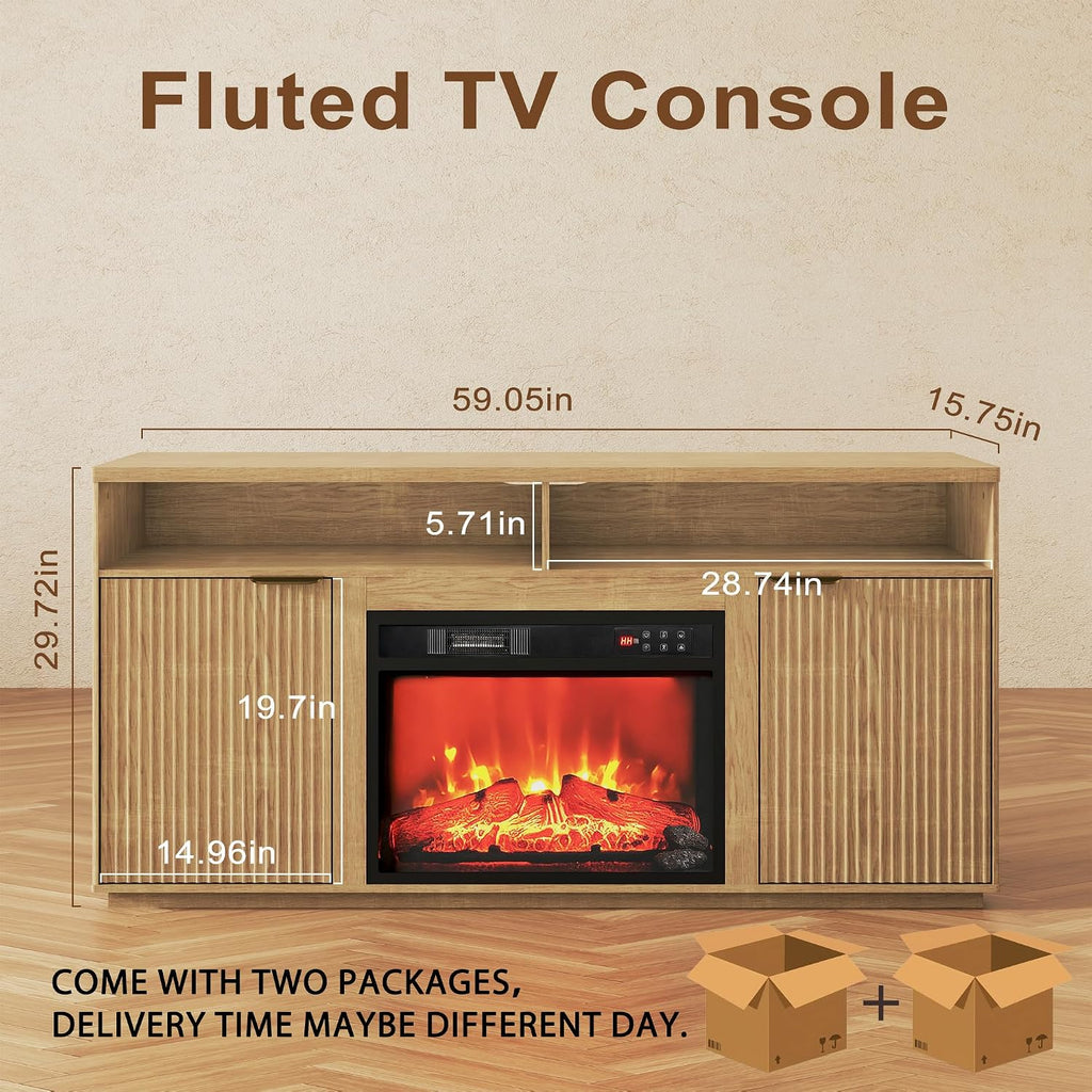 2-Piece Fluted Living Room Set Includes 31.5' Fluted Lift Top Coffee Table,59' Fluted Fireplace TV Stand for TVs Up to 70 inches,Modern TV Stand and Coffee Table Set,Natural Oak