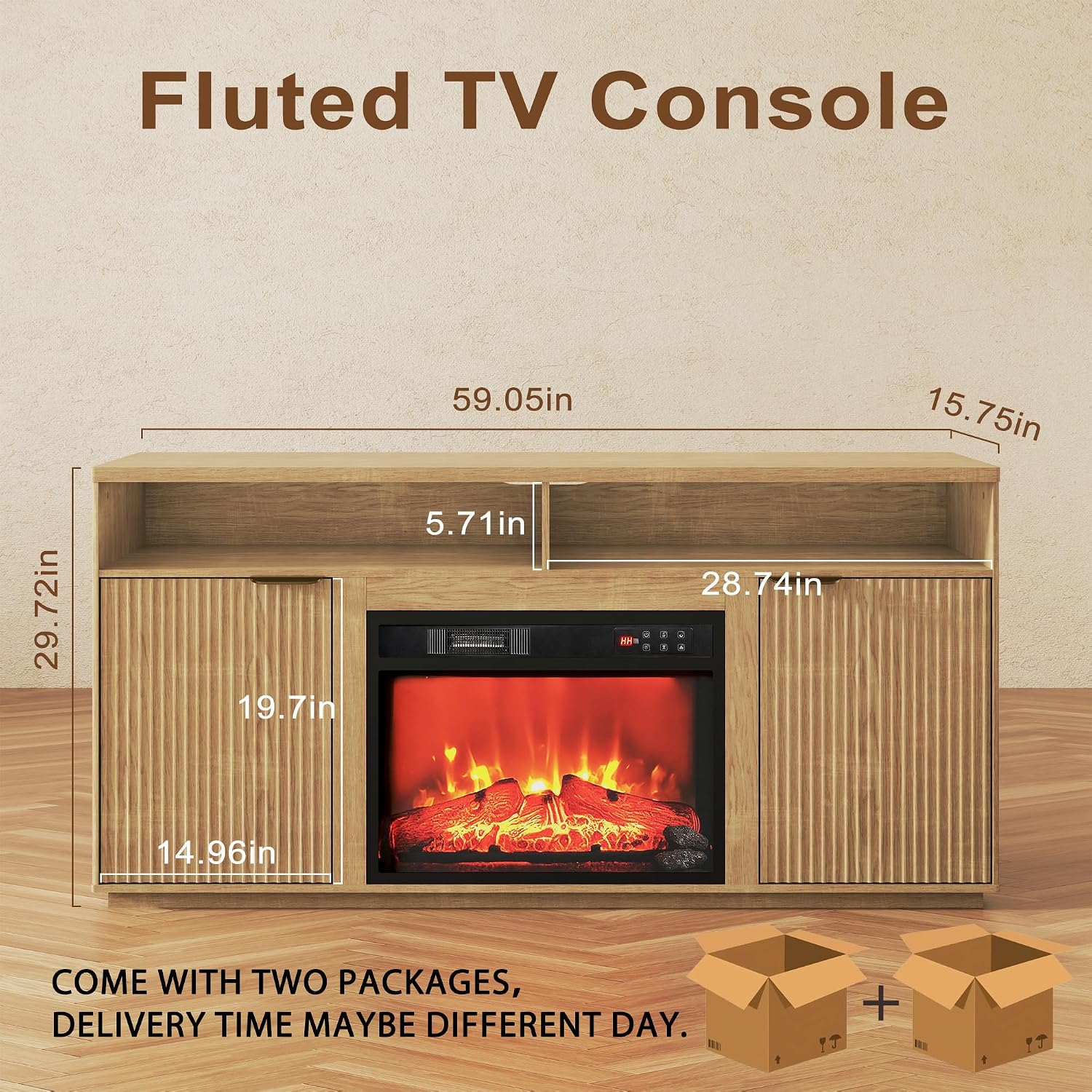 2-Piece Fluted Living Room Set Includes 31.5' Fluted Lift Top Coffee Table,59' Fluted Fireplace TV Stand for TVs Up to 70 inches,Modern TV Stand and Coffee Table Set,Natural Oak