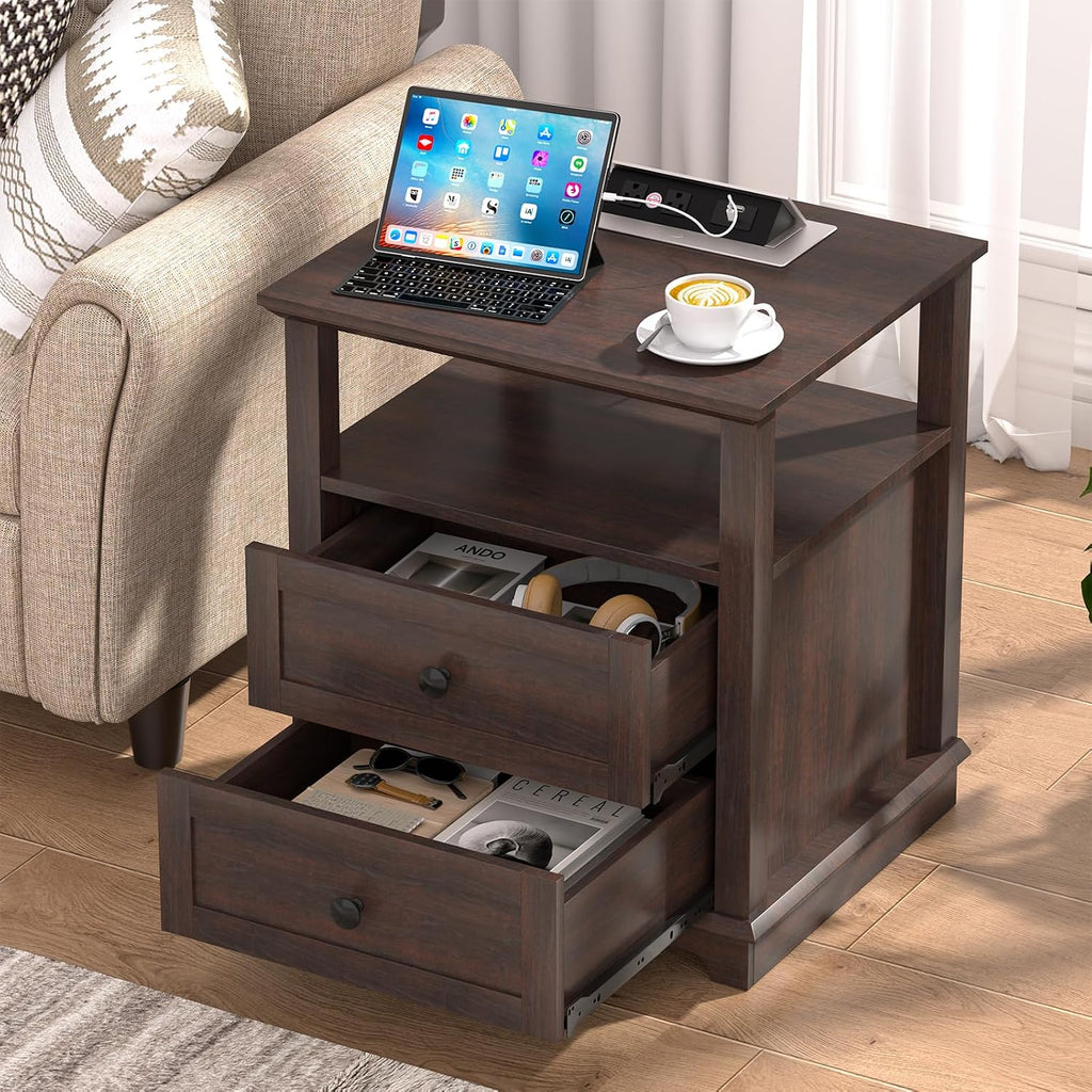 HIFYOBRO 24' Tall End Table with 2 Drawers and Charging Station, Type-C & USB Port & Power outlets, Wooden Storage Cabinet, 21' W Large Side Table with Storage for Living Room and Bedroom (Espresso)