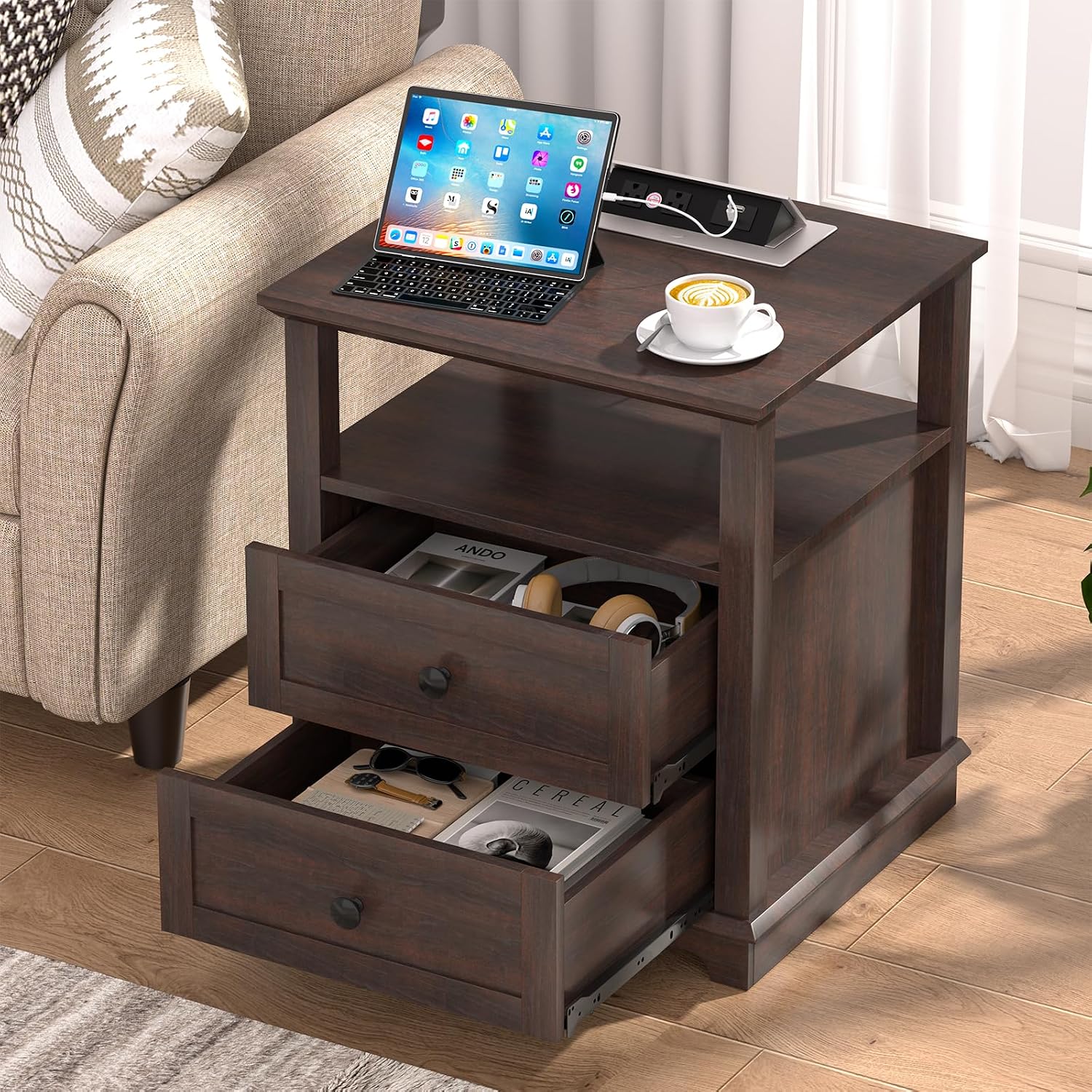 HIFYOBRO 24' Tall End Table with 2 Drawers and Charging Station, Type-C & USB Port & Power outlets, Wooden Storage Cabinet, 21' W Large Side Table with Storage for Living Room and Bedroom (Espresso)