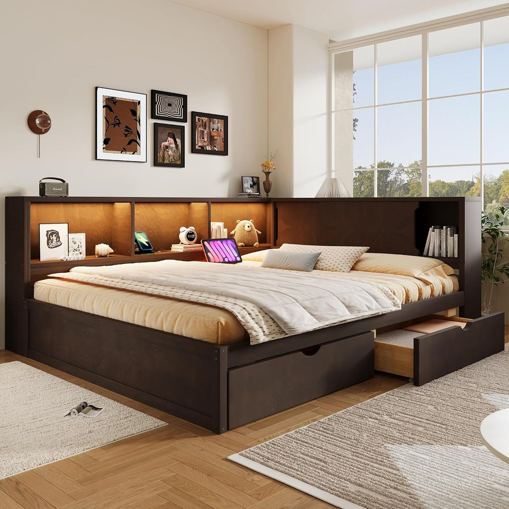 VilroCaz Queen Size Daybed with L-Shaped Headboard &Bookcases, Solid Wood Daybed Sofa Bed Frame with 2 Storage Drawers, USB, LED for Office Living Room Bedroom (Brown-2.18)